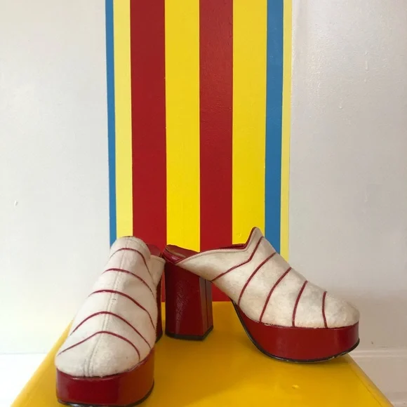 1970s red and white patent leather platforms mules heels candy